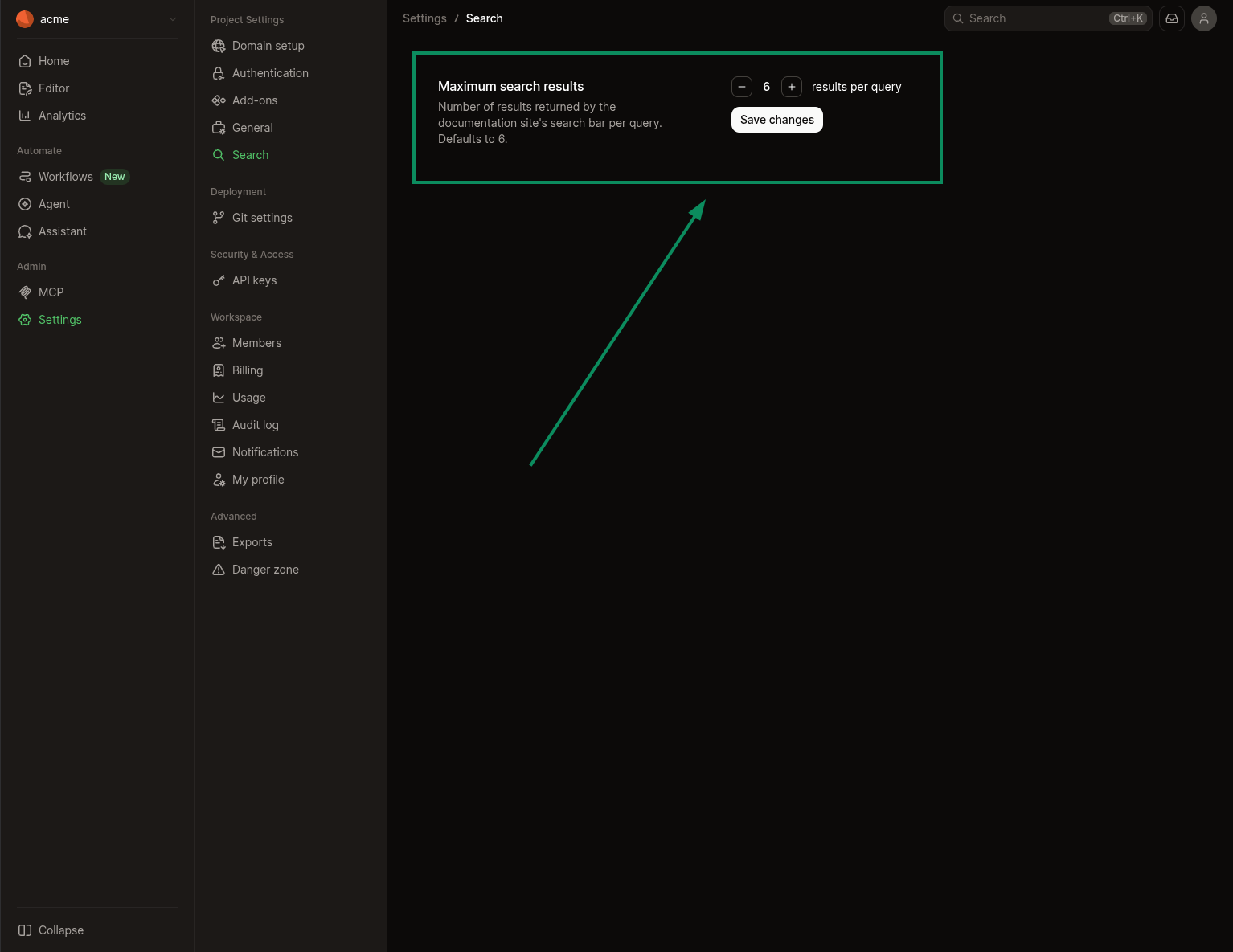 The Search settings page in the dashboard with the Maximum search results stepper set to 6.